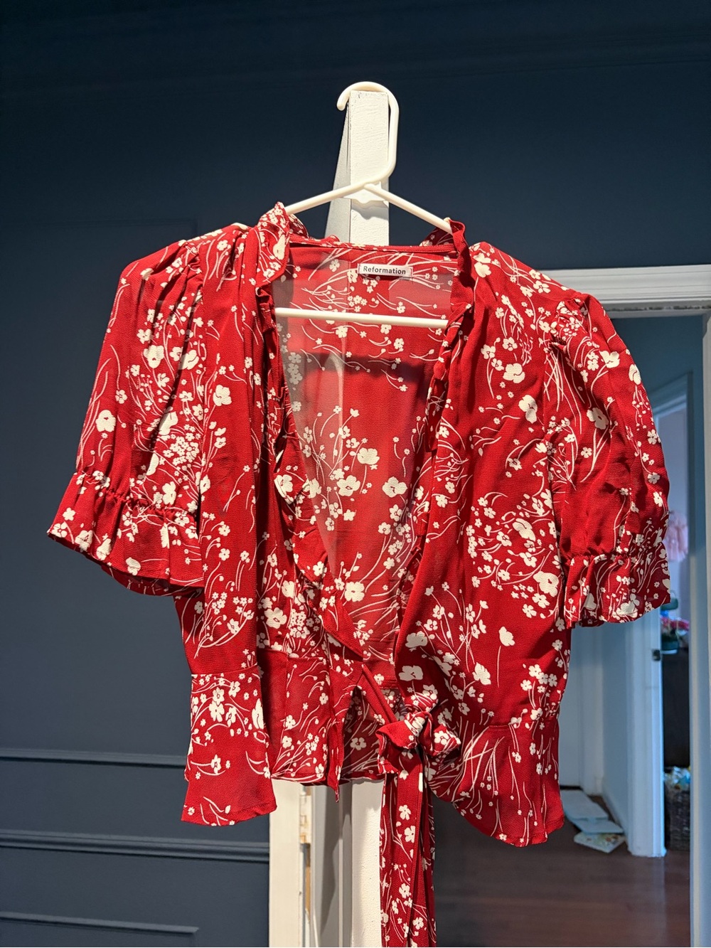 Reformation Red Floral Tie-Front Crop Blouse